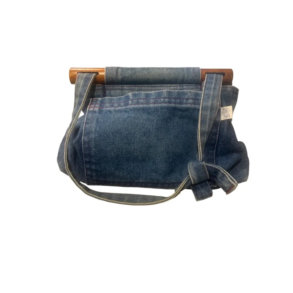 The Mouse Housery Vintage Denim Handbag Wood Handle Quilted Angel Lining Blue